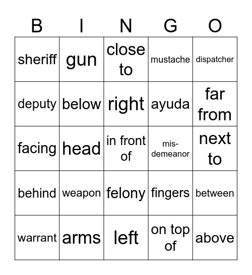 Prepositions and Police Stuff Bingo Card