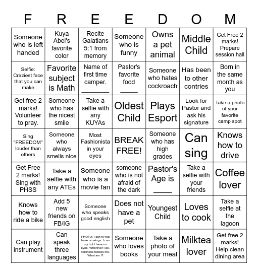 BREAK FREE 2023 Bingo Card