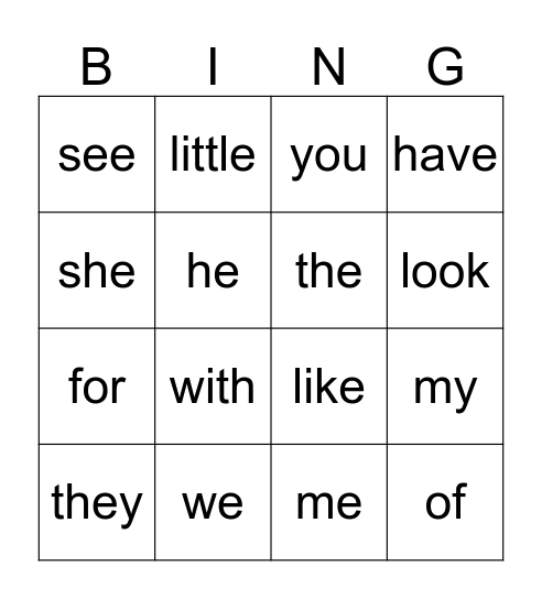 Sight Word Bingo Card