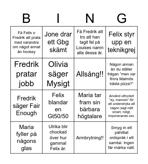 Malins Bingobricka Bingo Card