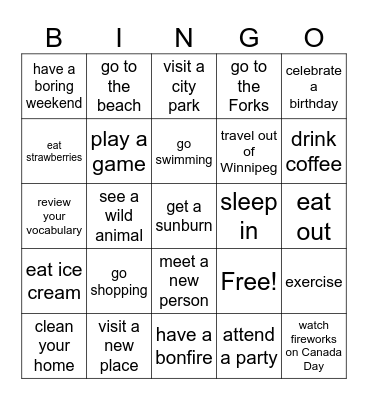 July Long Weekend Bingo Card