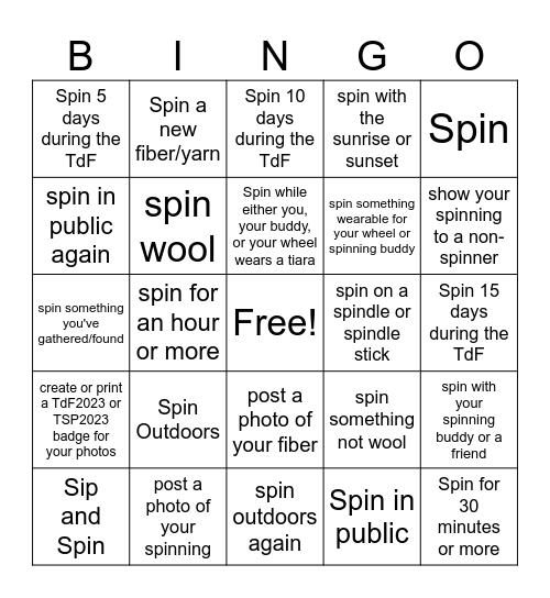 Team Spinners Study TdF 2023 Bingo Card