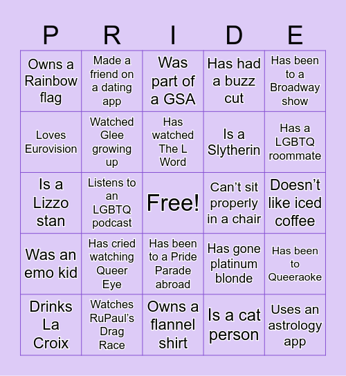 Oncue Pride Happy Hour Welcome Bingo! Bingo Card