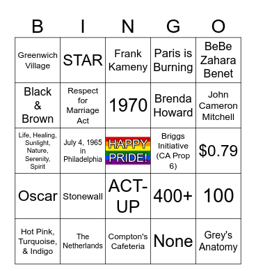 PRIDE BINGO Card