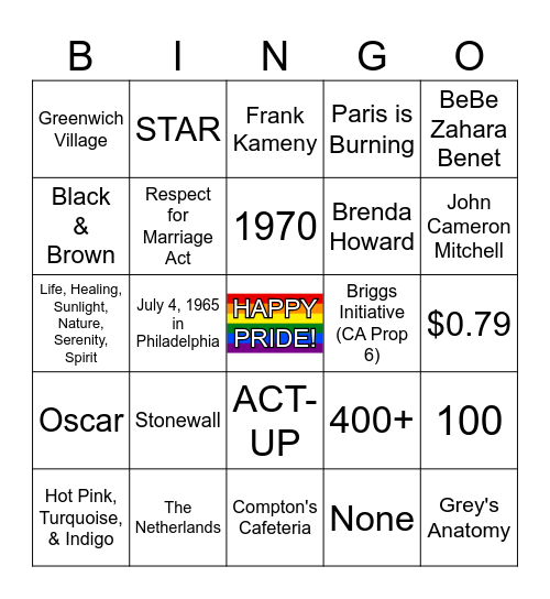 PRIDE BINGO Card