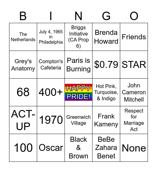 PRIDE BINGO Card