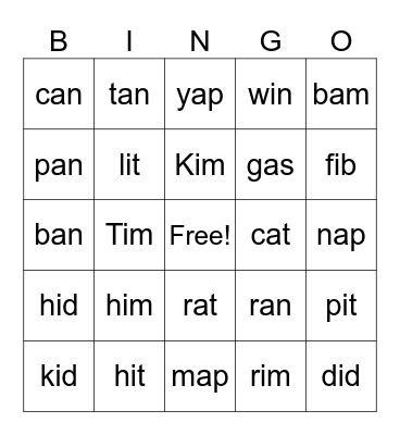 Short a/i BINGO Card
