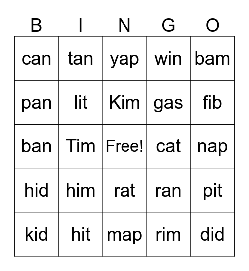 Short a/i BINGO Card