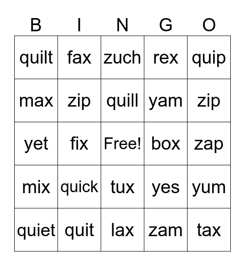 qu/x/y/z BINGO Card