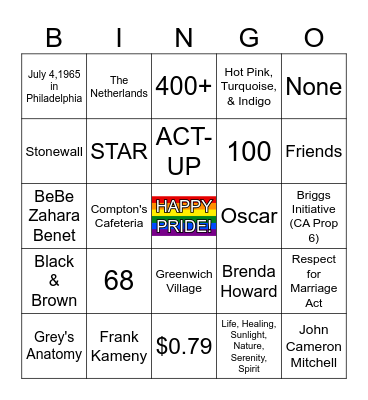 PRIDE BINGO Card