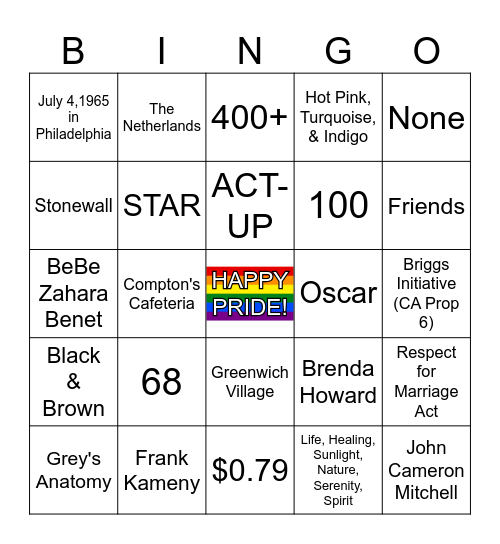 PRIDE BINGO Card