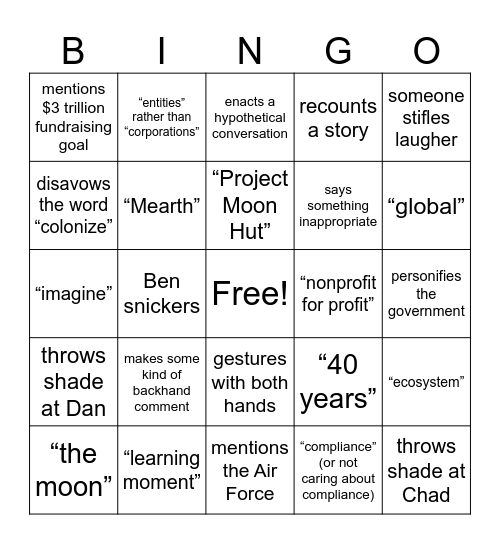 Project Moon Hut Bingo Card
