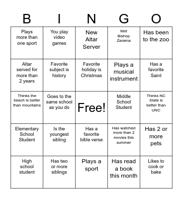 Altar Server 2023 Bingo Card