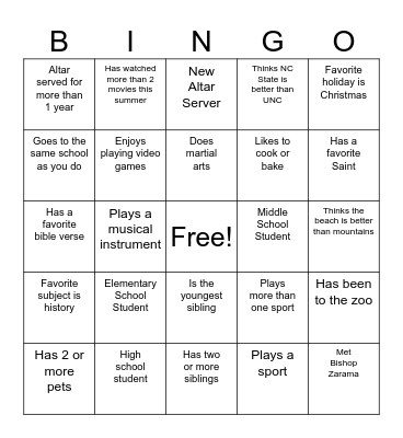 Altar Server 2023 Bingo Card