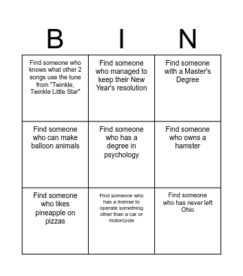 Orientation Bingo Card