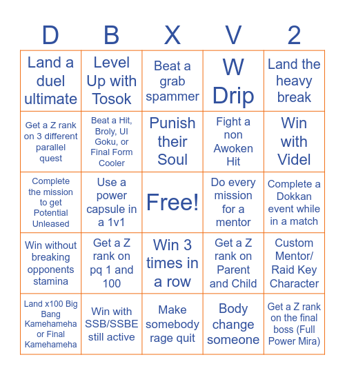 XENOVERSE 2 Bingo Card