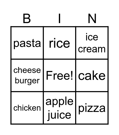 Food Bingo Card