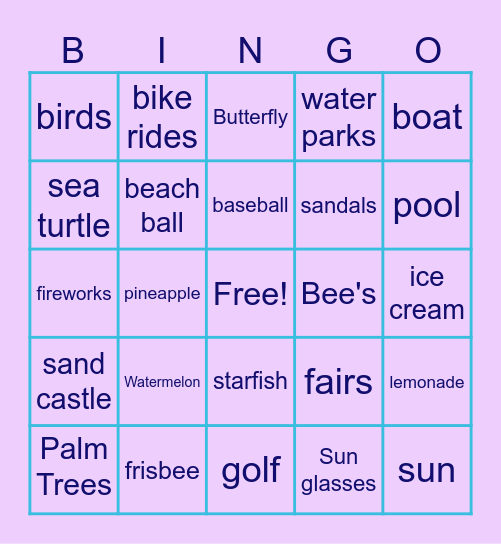 (words) Summer Bingo Card