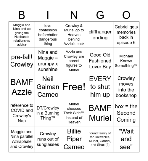 Good Omens S2 Predictions Bingo Card