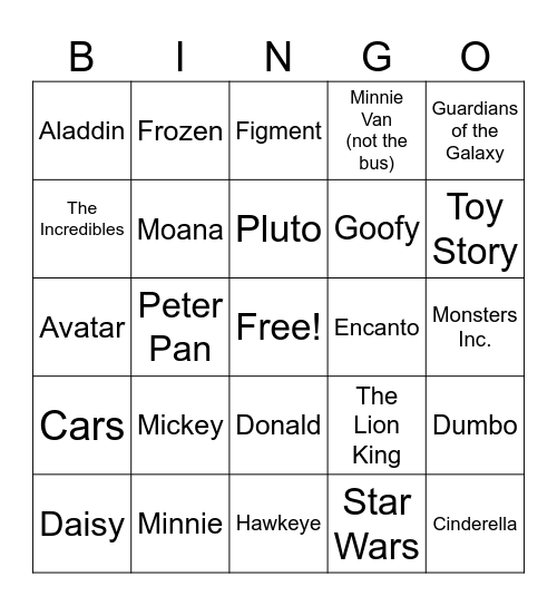 Disney Bus Bingo Card