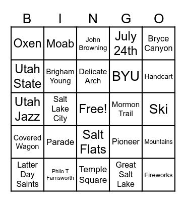 UTAH BINGO Card