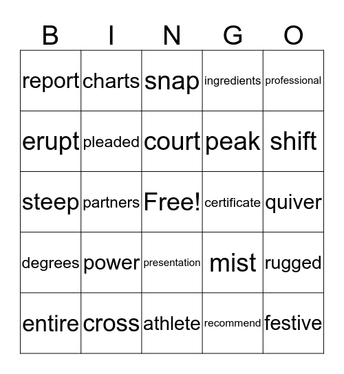 Vocabulary Review Bingo Card