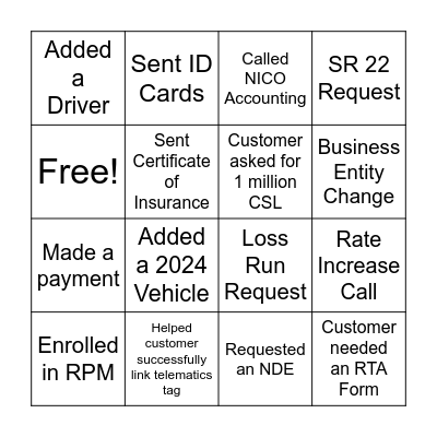 Commercial Service Bingo Card
