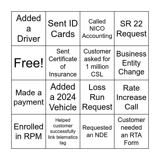 Commercial Service Bingo Card