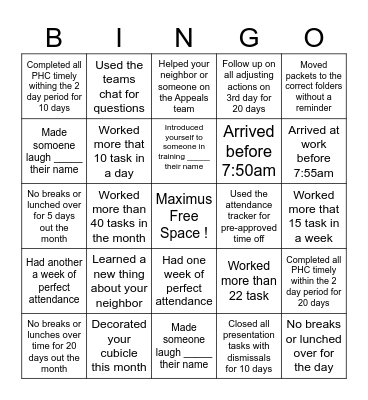 Maximus Goal Bingo Card