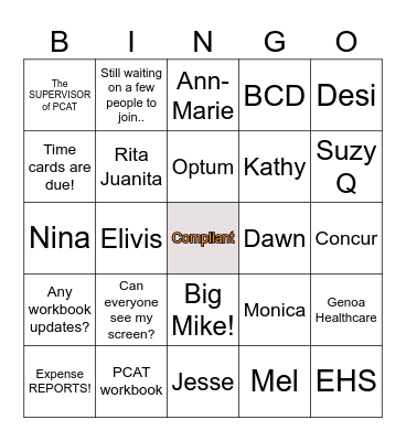 PCAT Bingo Card