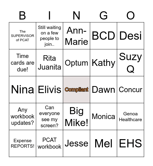 PCAT Bingo Card