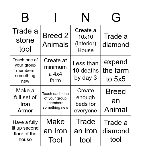 Minecraft Week 3 Bingo Card