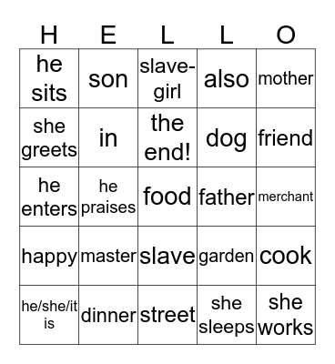Latin Book I Stages 1 and 2 card 1 English Bingo Card
