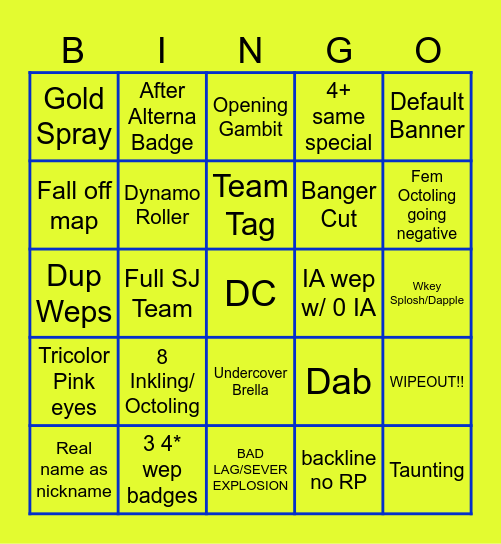 Splatoon LMAO Bingo Card