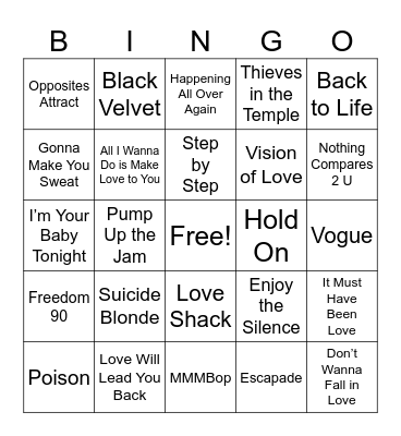 Songs of 1990 Bingo Card