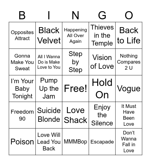 Songs of 1990 Bingo Card