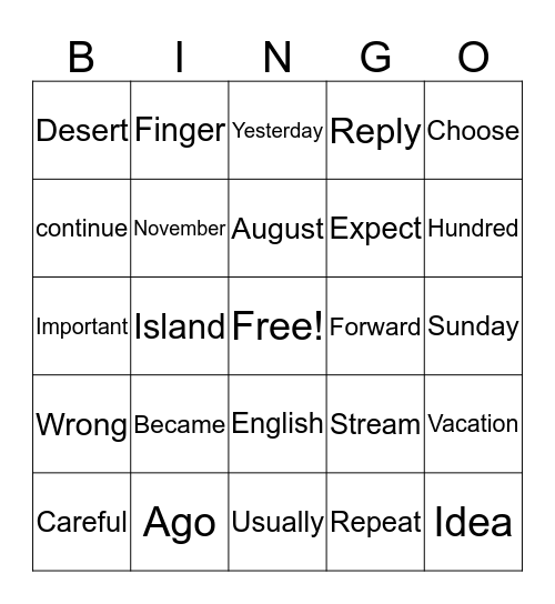 Third Grade Bingo Card