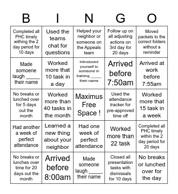 Maximus Goal Bingo Card