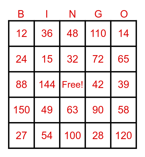 Multiplication Bingo Card