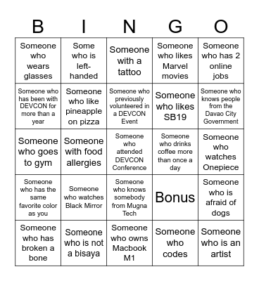 DEVCON Volunteers Binggo Bingo Card