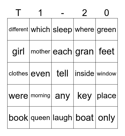 T 1-20 Bingo Card