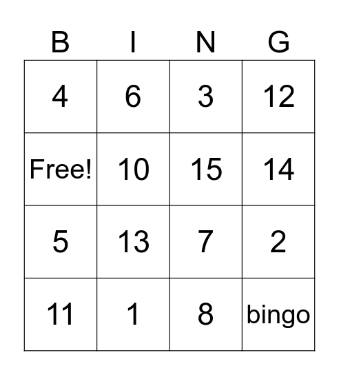 numbers Bingo Card