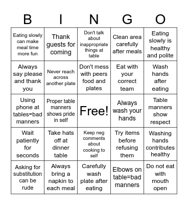 Table manners Bingo Card