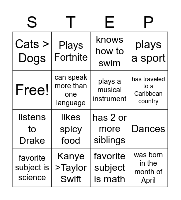 STEP Bingo Card