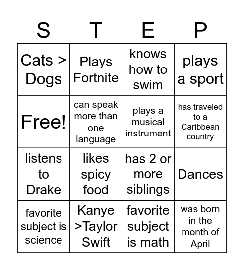 STEP Bingo Card