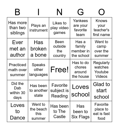 First Day of School Bingo Card