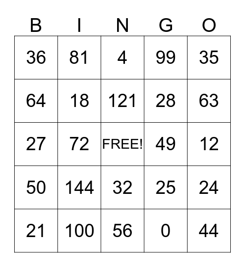 Multiplication Bingo Card