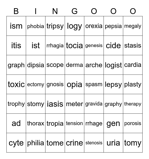 Common Medical -Suffixes Bingo Card