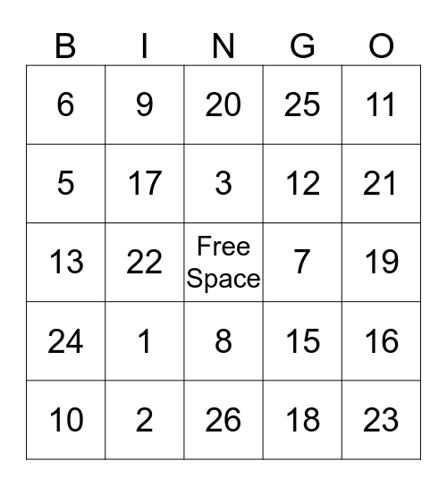 Number Bingo Card
