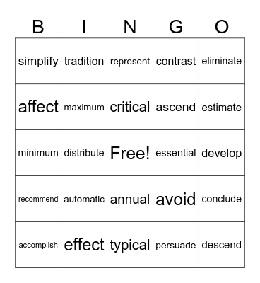 Week 2 Vocabulary Bingo Card